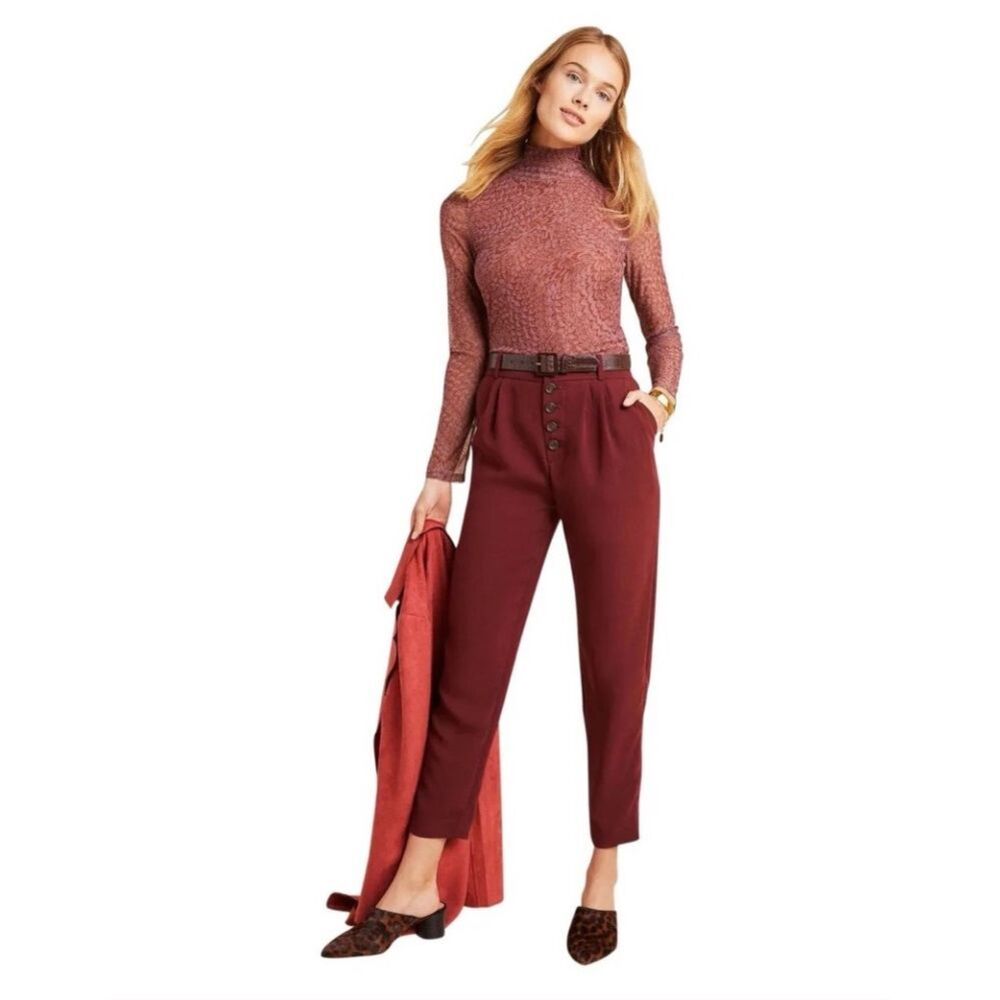 Anthropologie Sasha maroon button fly tapered trousers - 2